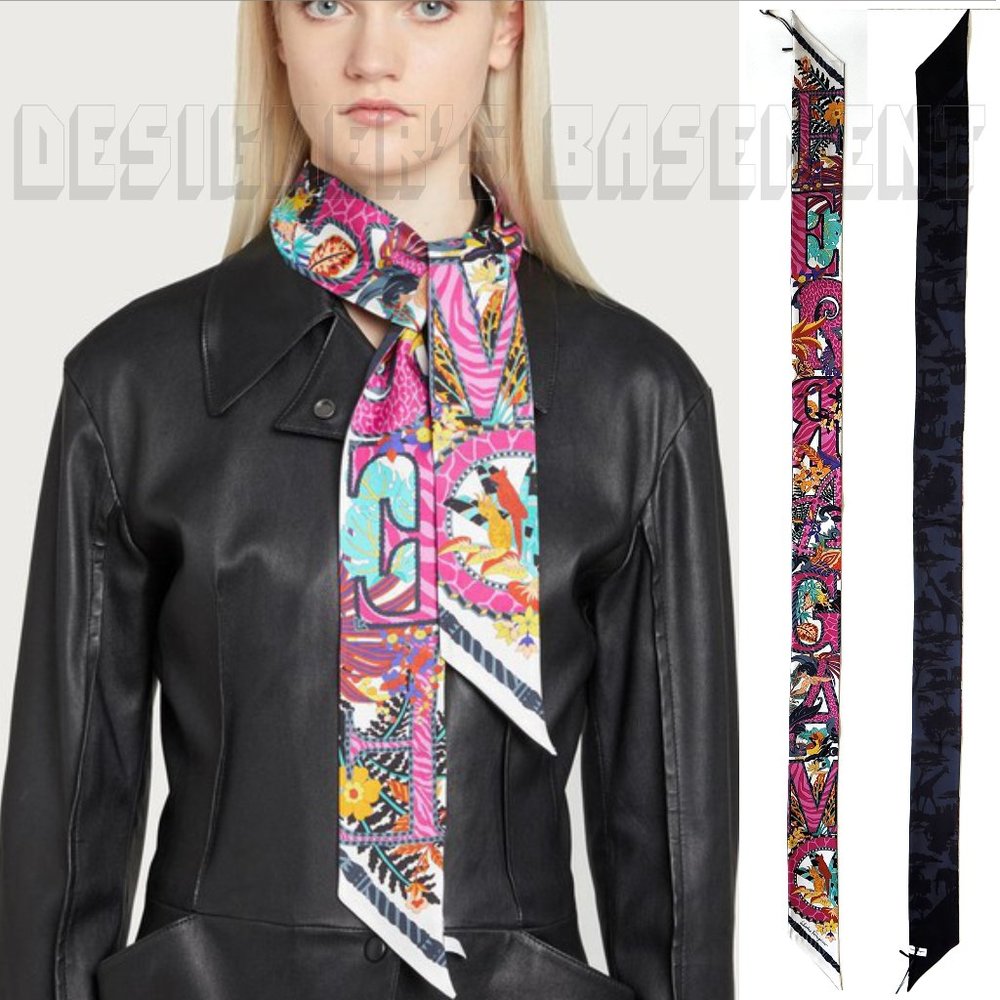 SALVATORE FERRAGAMO pink AMO Jungle 2-sided skinny TWILLY silk twill scarf +🎁 - Picture 2 of 7